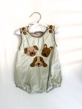 Baby Romper with Dog Appliqués in Pale Mint and Brown